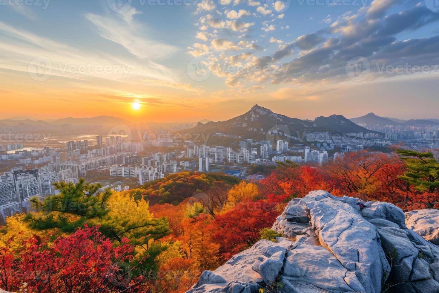 Photo sunrise of bukhansan mountain in seoul city scape