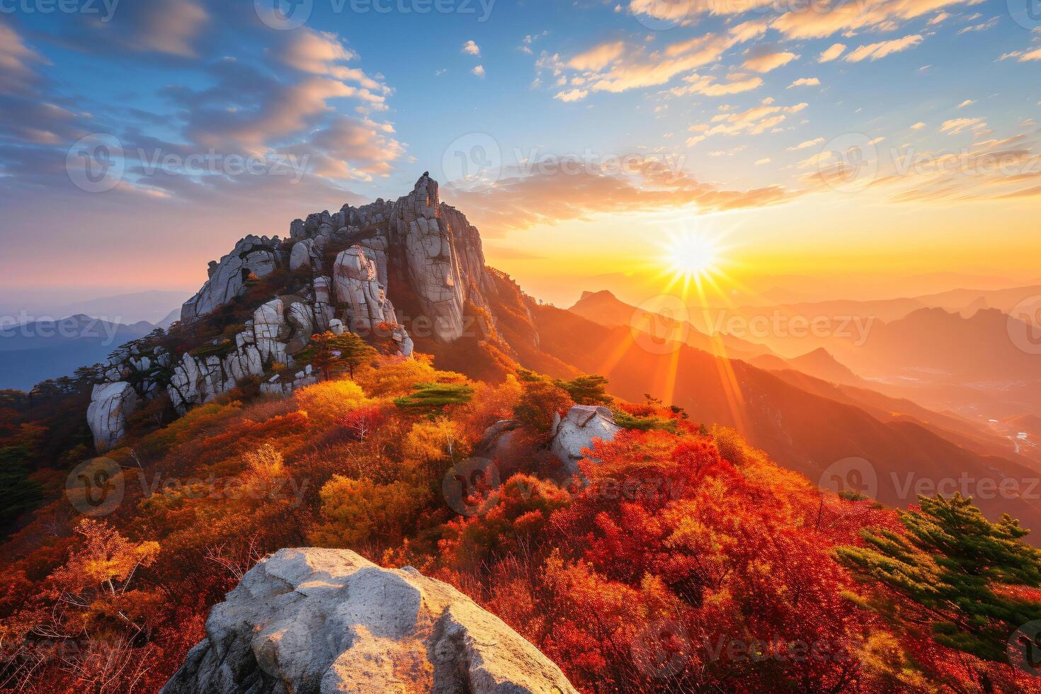 Photo sunrise of bukhansan mountain in seoul city scape