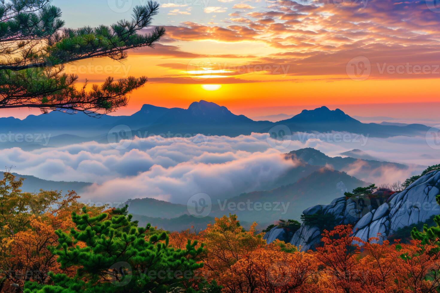 foto amanecer de bukhansan montaña en Seúl ciudad bohordo