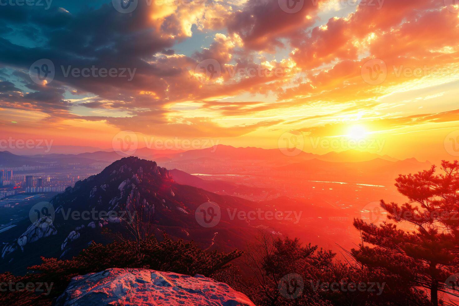 Photo sunrise of bukhansan mountain in seoul city scape