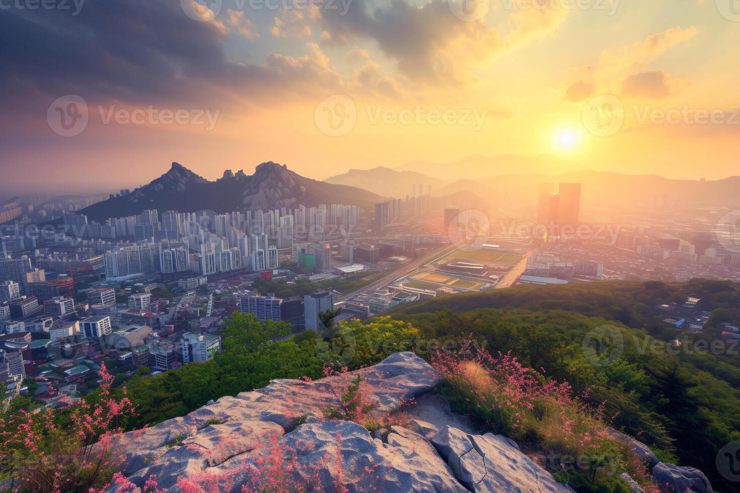 Photo sunrise of bukhansan mountain in seoul city scape
