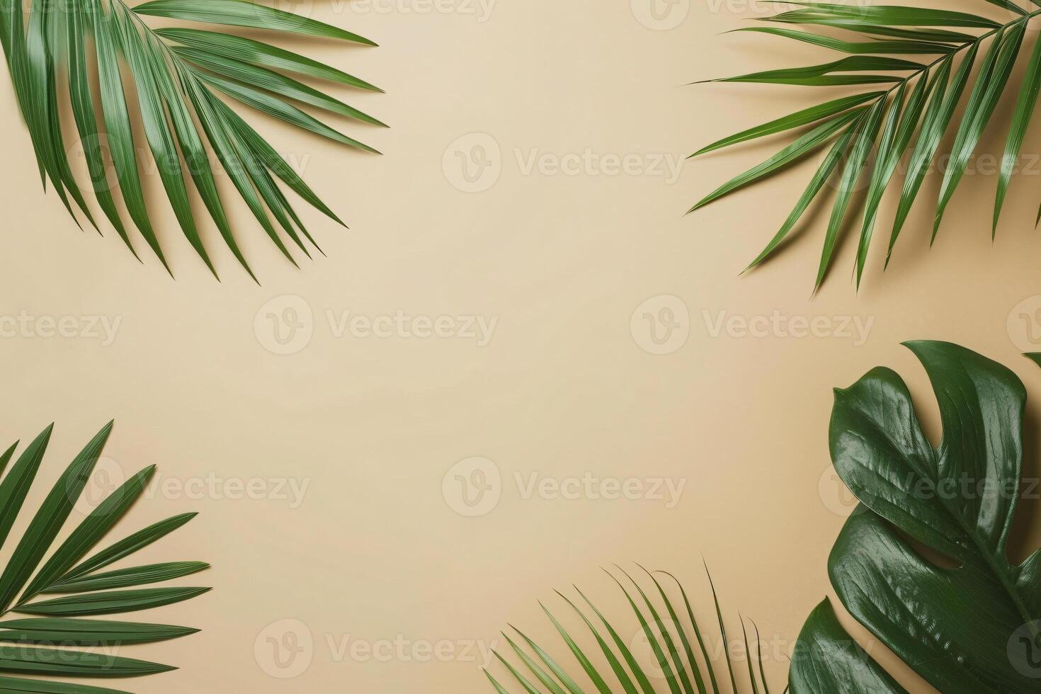 photo fresh palm leaves on beige background