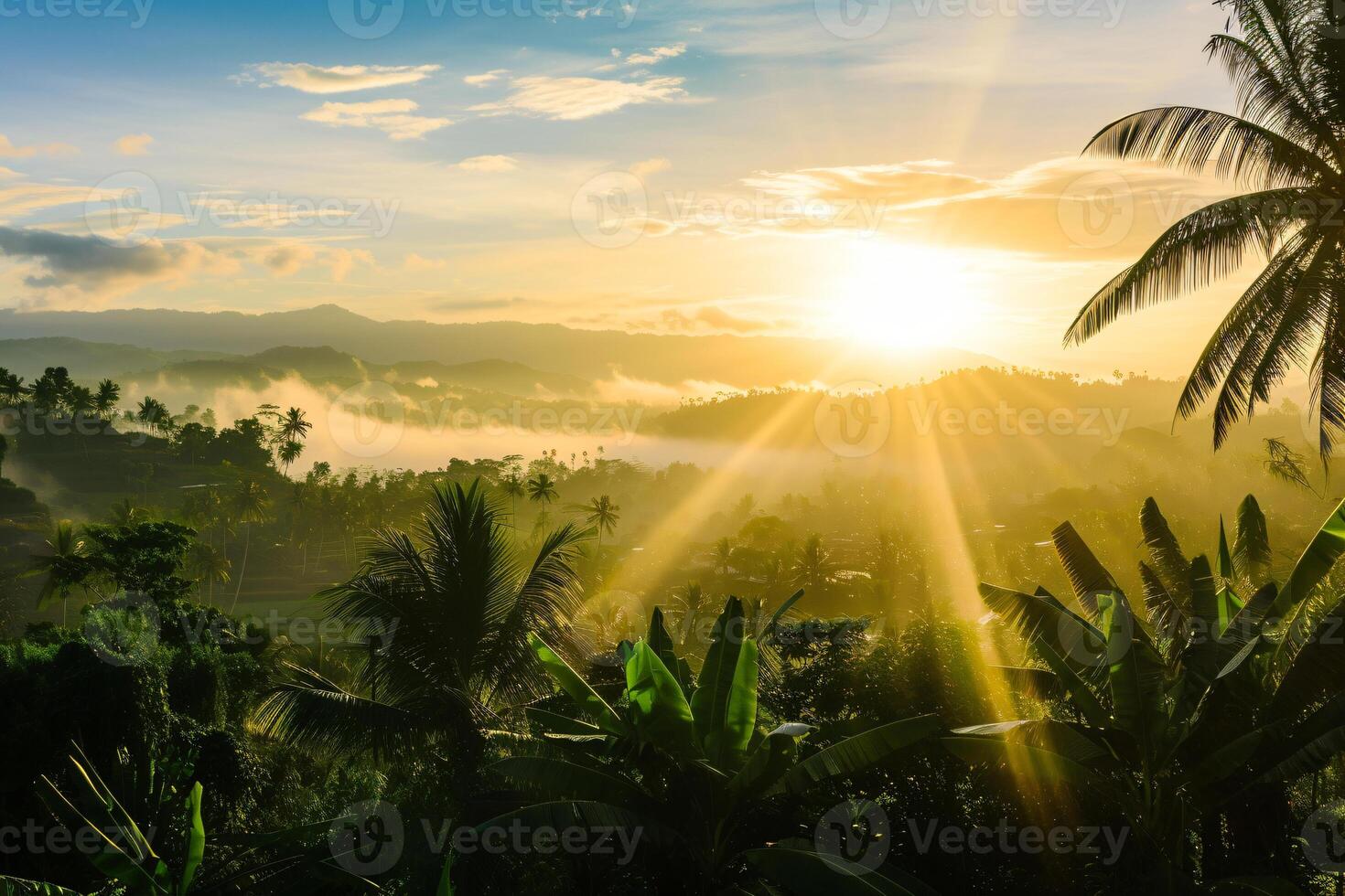 photo sunrise over bali jungle