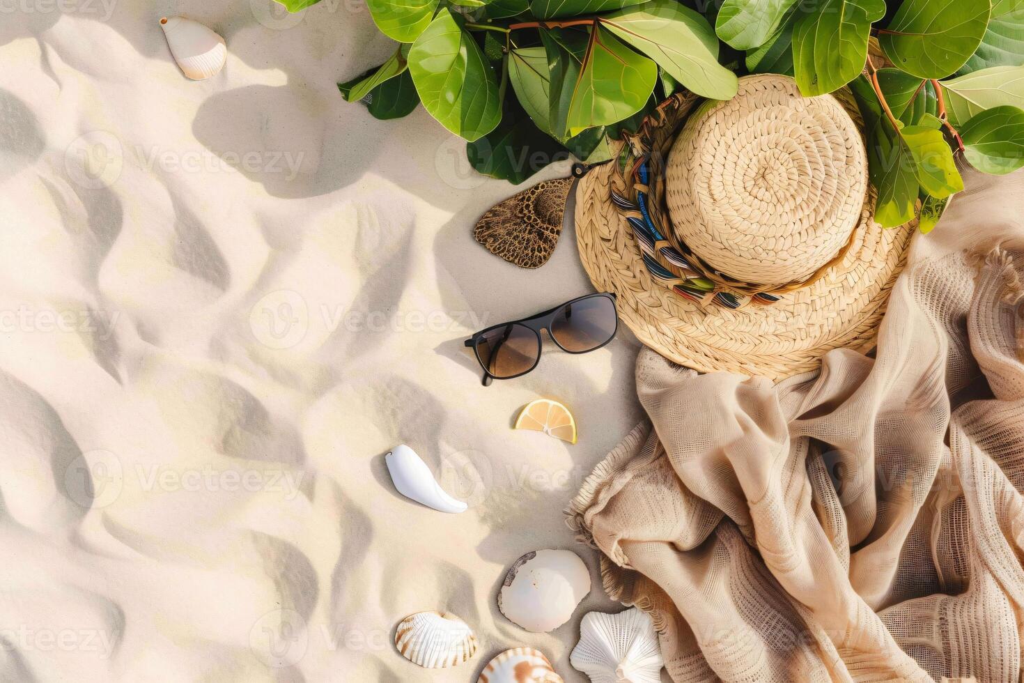 photo flat lay composition sand and beach