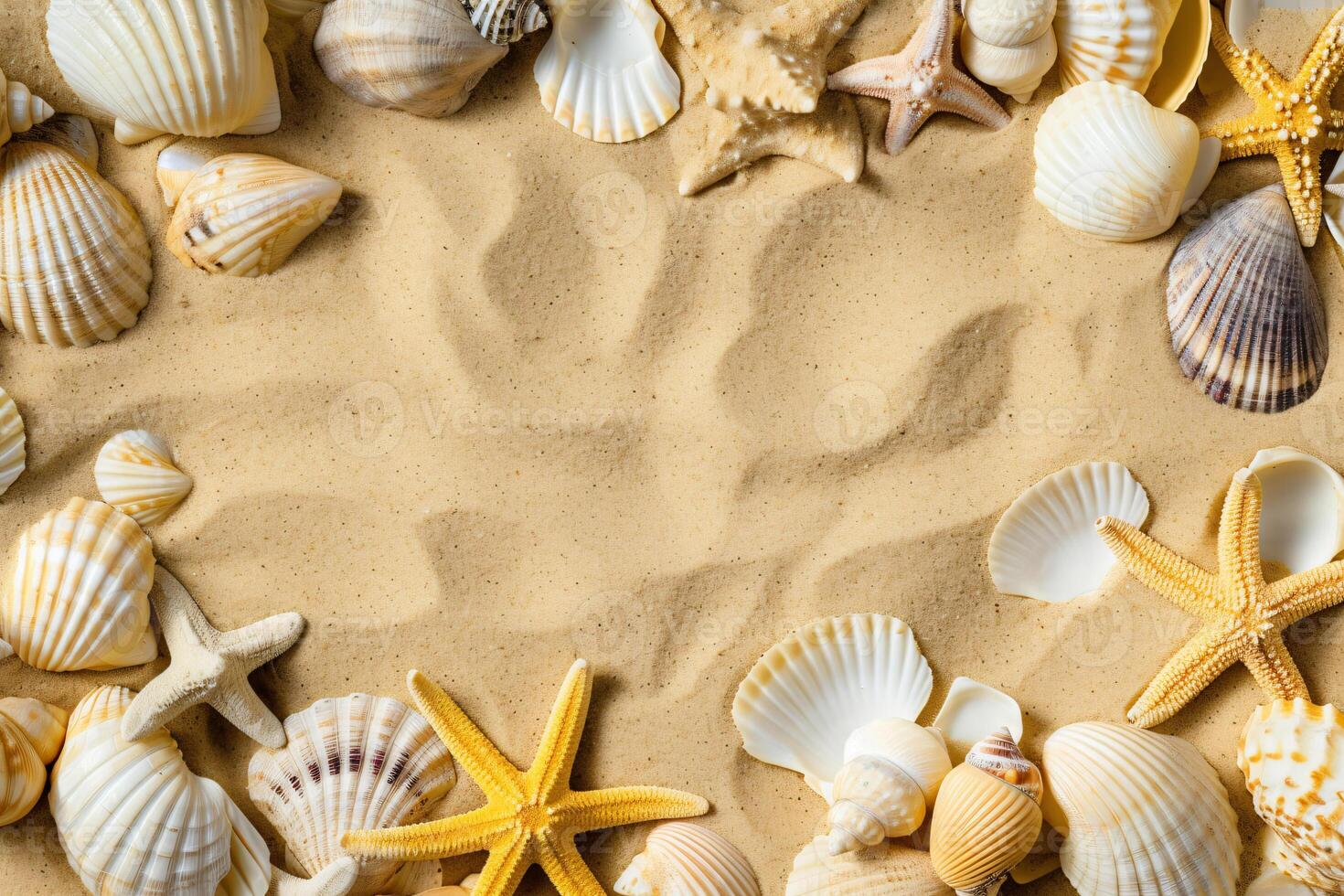 photo copy space sand with shells and starfish