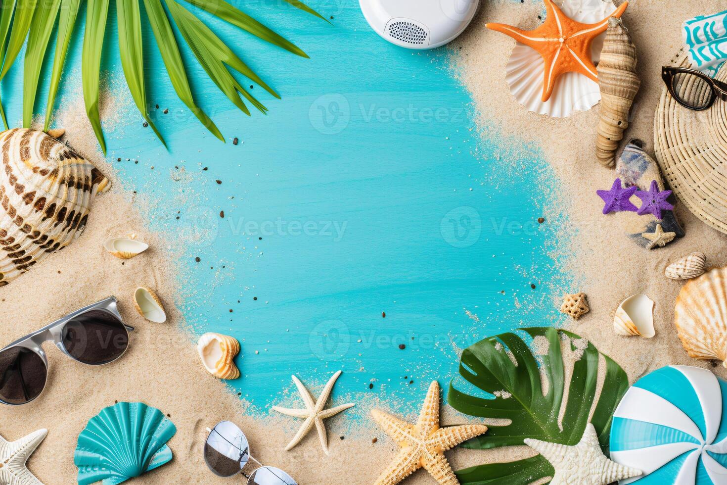 photo flat lay composition sand and beach