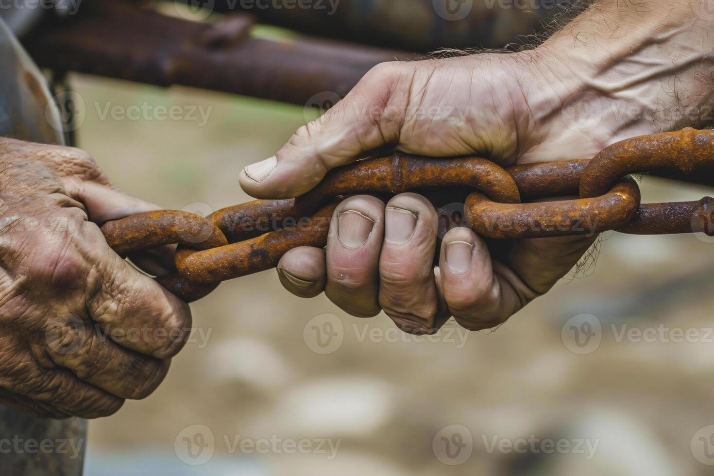 foto dos masculino manos participación un oxidado metal cadena