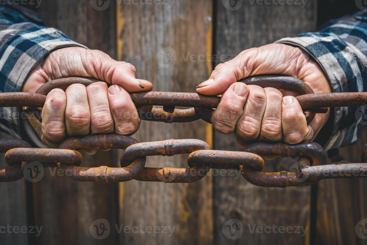 foto dos masculino manos participación un oxidado metal cadena