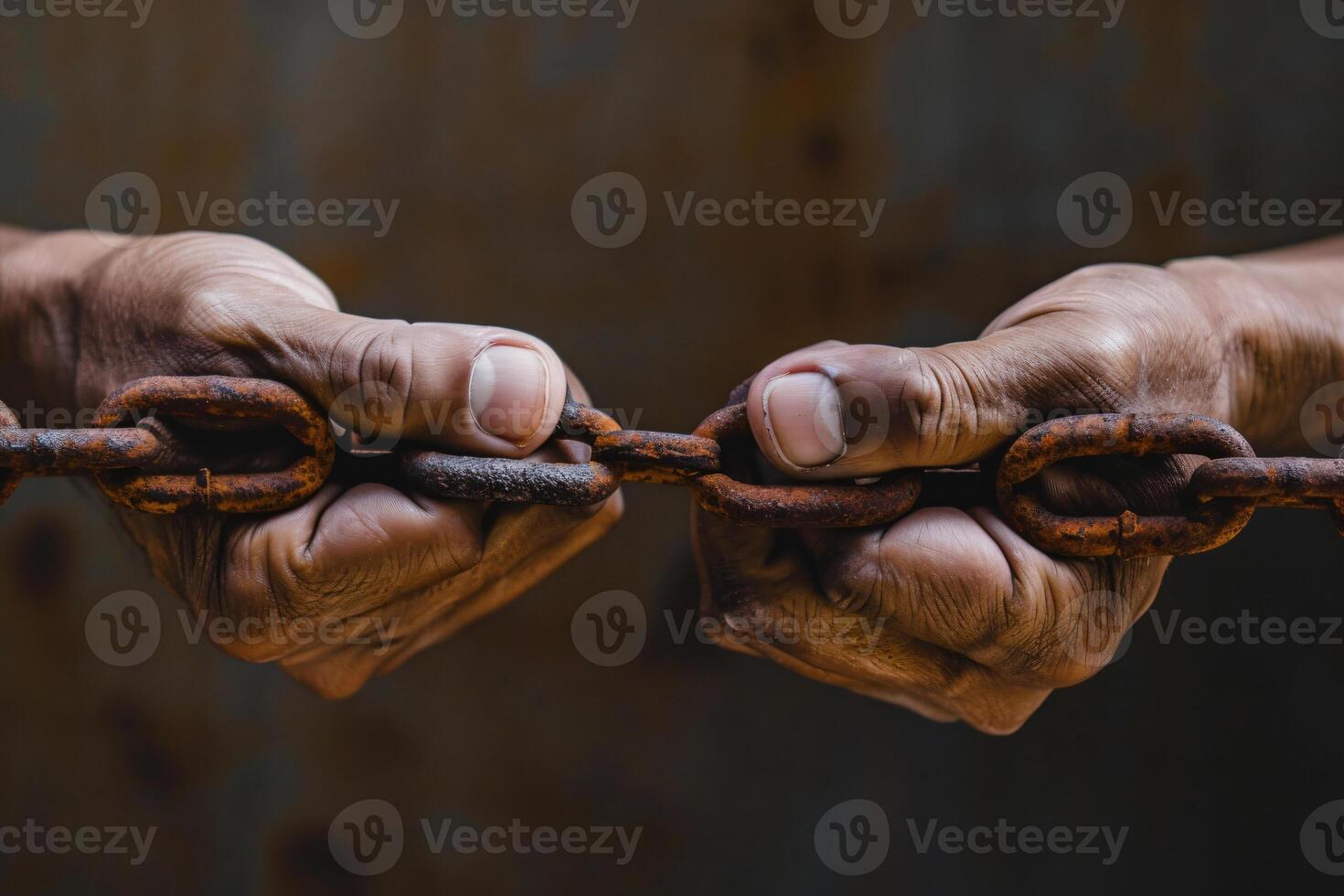 Photo two male hands holding a rusty metal chain