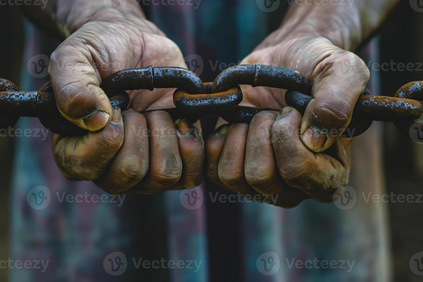 foto dos masculino manos participación un oxidado metal cadena