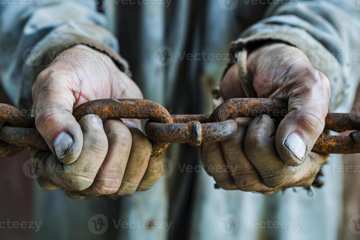 foto dos masculino manos participación un oxidado metal cadena