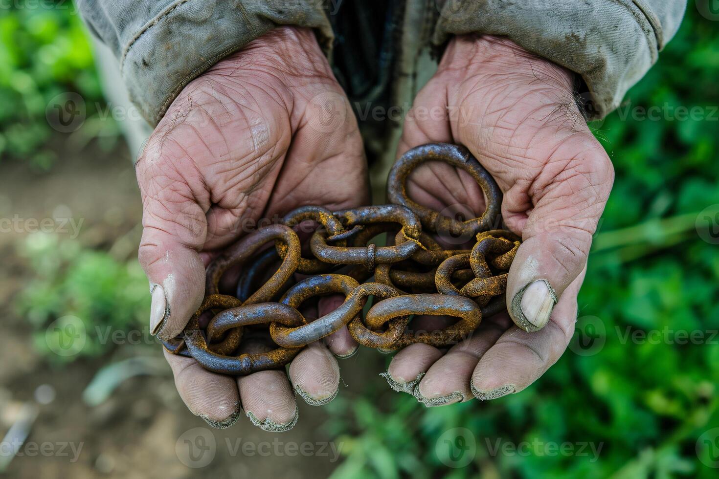 foto dos masculino manos participación un oxidado metal cadena