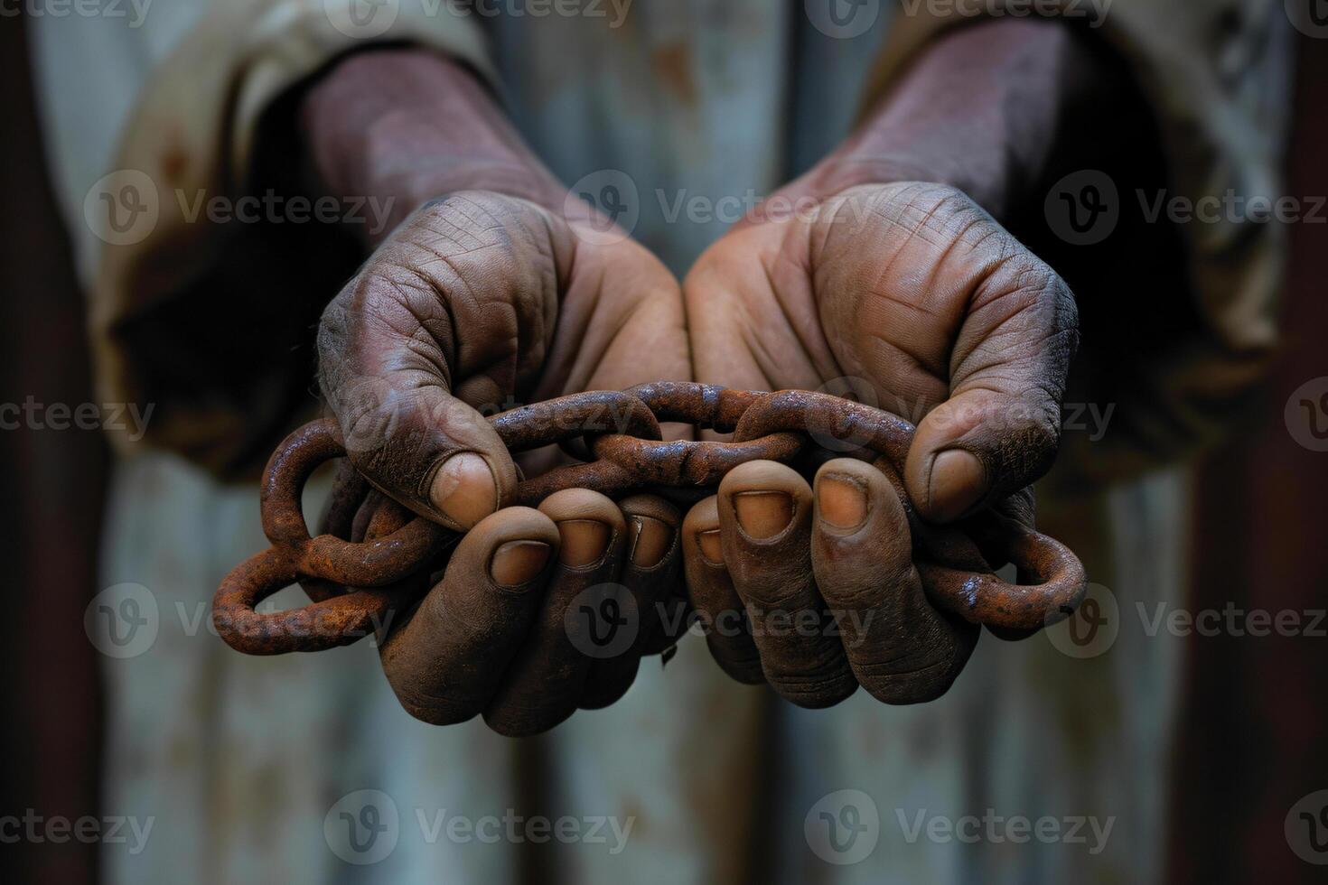 Photo two male hands holding a rusty metal chain