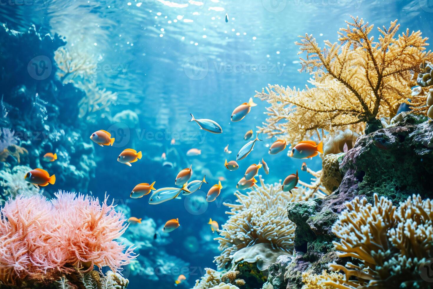 Photo coral reef with fish blue sea underwater scene