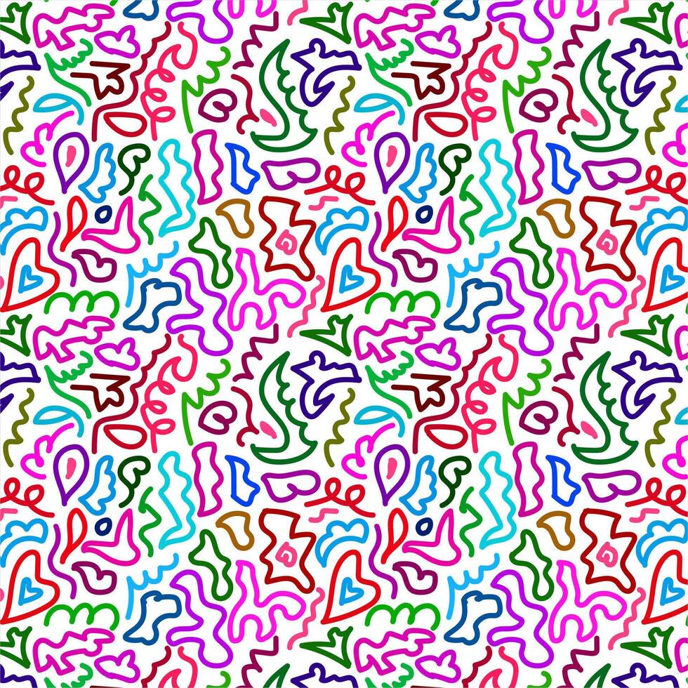 Fun colorful line doodle seamless pattern. Creative minimalist style art background for children or trendy design with basic shapes. Simple childish scribble backdrop. vector