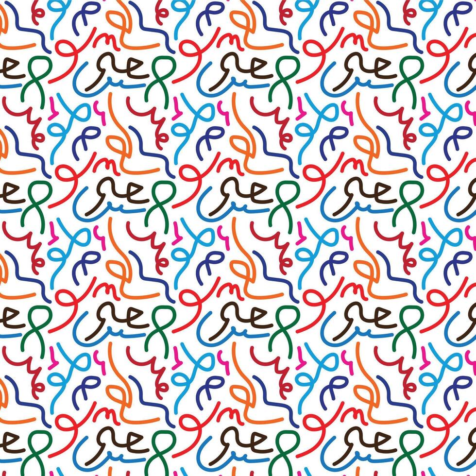 Fun colorful line doodle seamless pattern. Creative minimalist style art background for children or trendy design with basic shapes. Simple childish scribble backdrop. vector