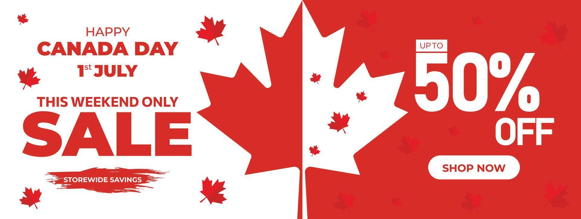 Canadá día rebaja web bandera. contento Canadá independencia día mega grande rebaja bandera antecedentes ilustración. Canadá día fin de semana promoción descuento bandera. primero de julio fiesta especial oferta modelo vector