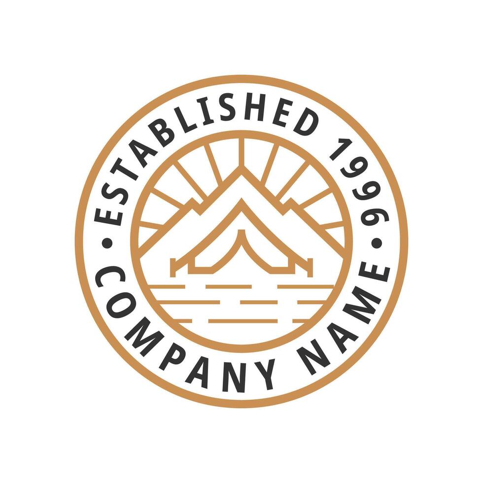 Mountain camp desert with sun minimal line circle adventure logo vector