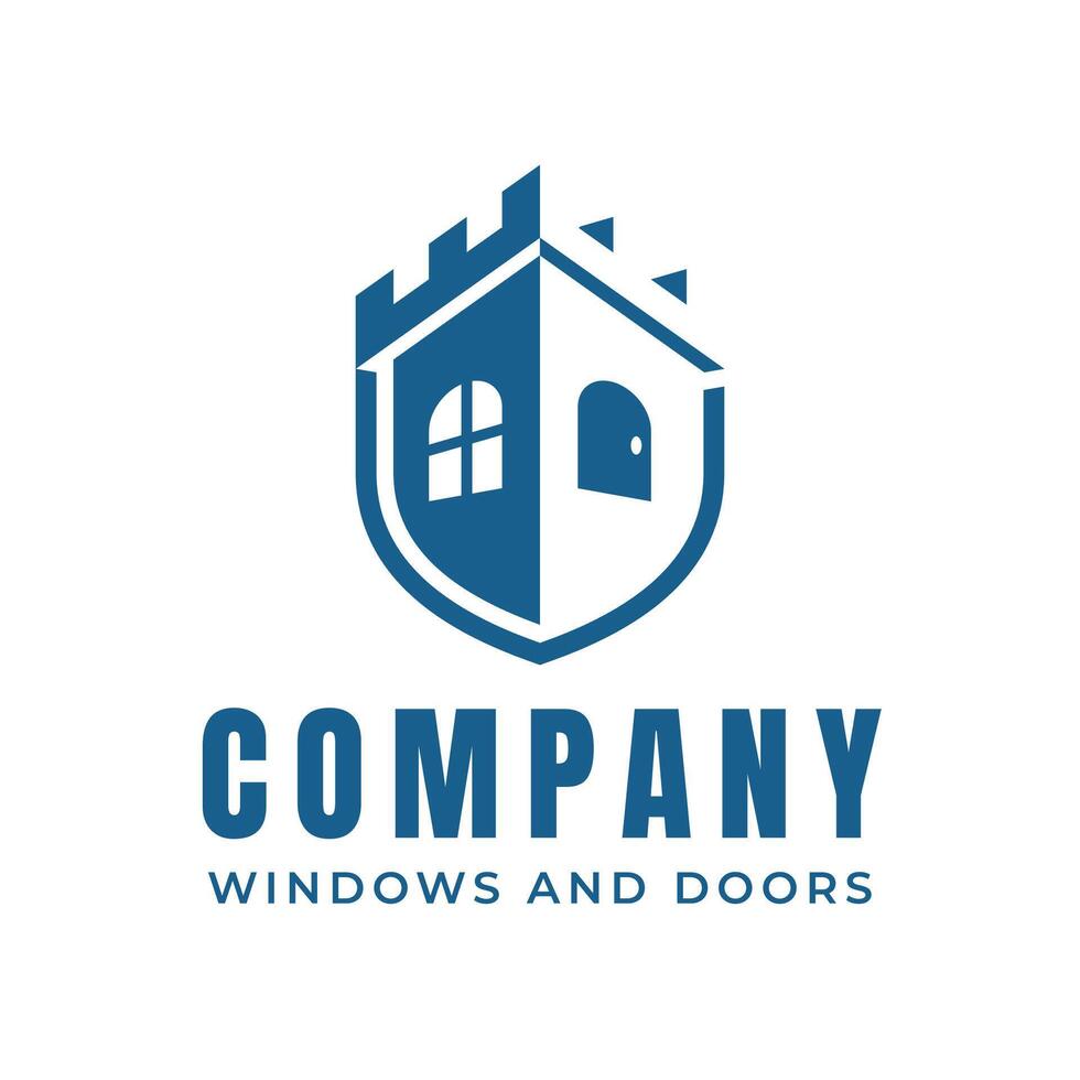 Minimal silhouette of castle fortress shield windows and door modern blue logo vector