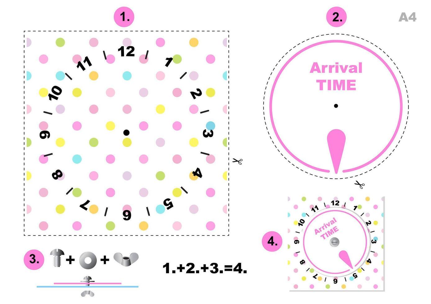 Polka dot pattern parking time - Clock Arrival Time Display, printable A4 vector