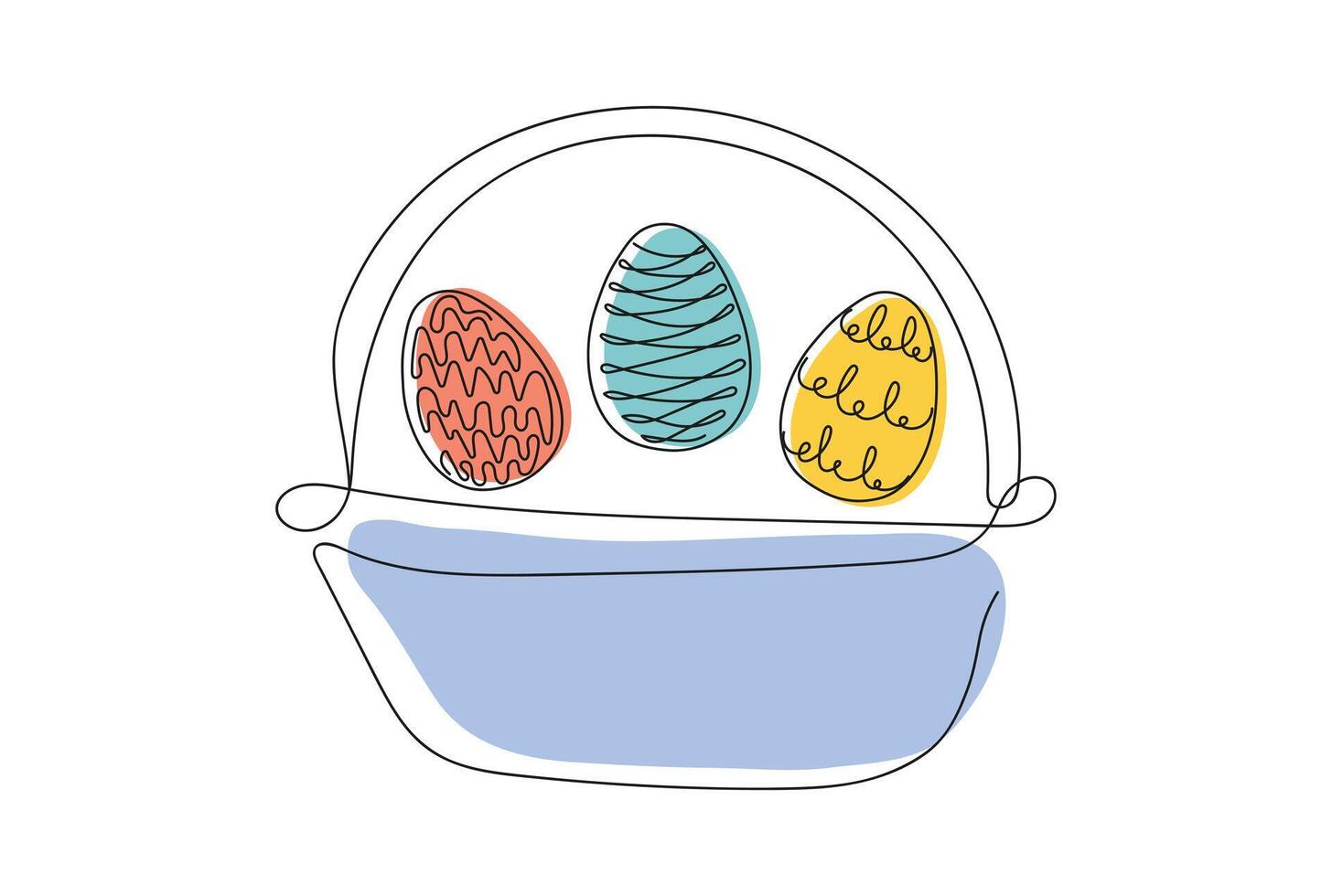 mimbre cesta con vistoso Pascua de Resurrección huevos. continuo uno línea dibujo. ilustración aislado en blanco fondo. festivo decoración. para Pascua de Resurrección promociones, saludo tarjetas, fiesta invitaciones vector