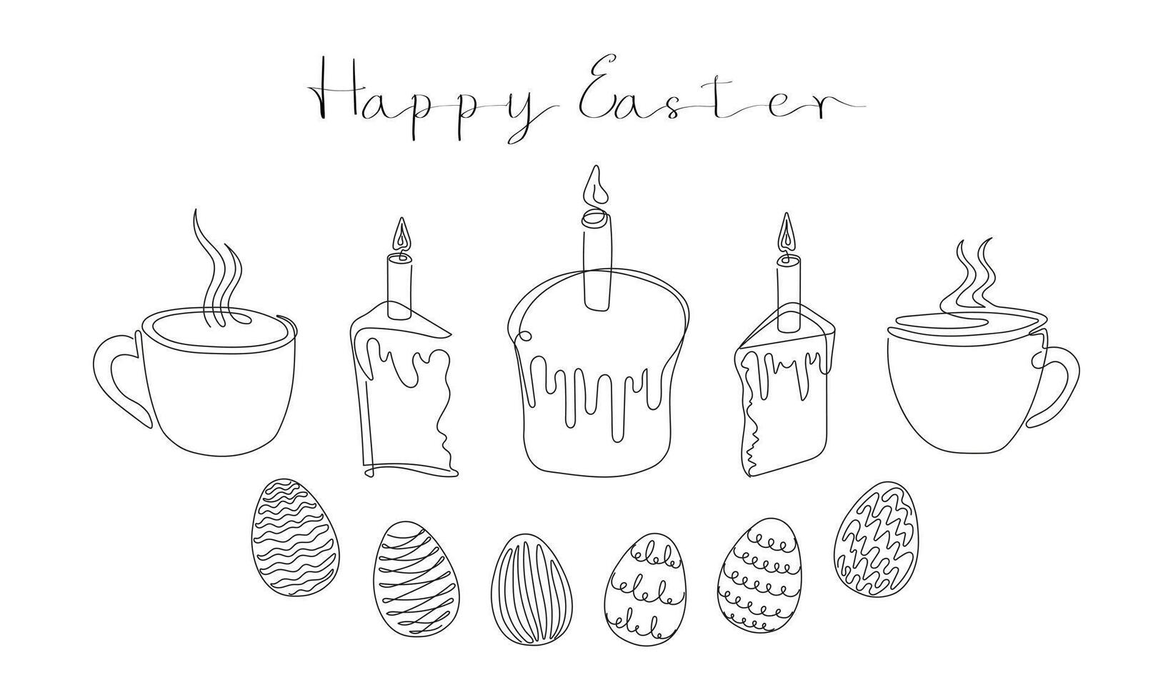 Easter Set in continuous one line style with design elements like Easter cakes with lit candles, painted eggs, steaming mugs with tea or coffee. Happy Easter greeting. Festive food. Black and white vector