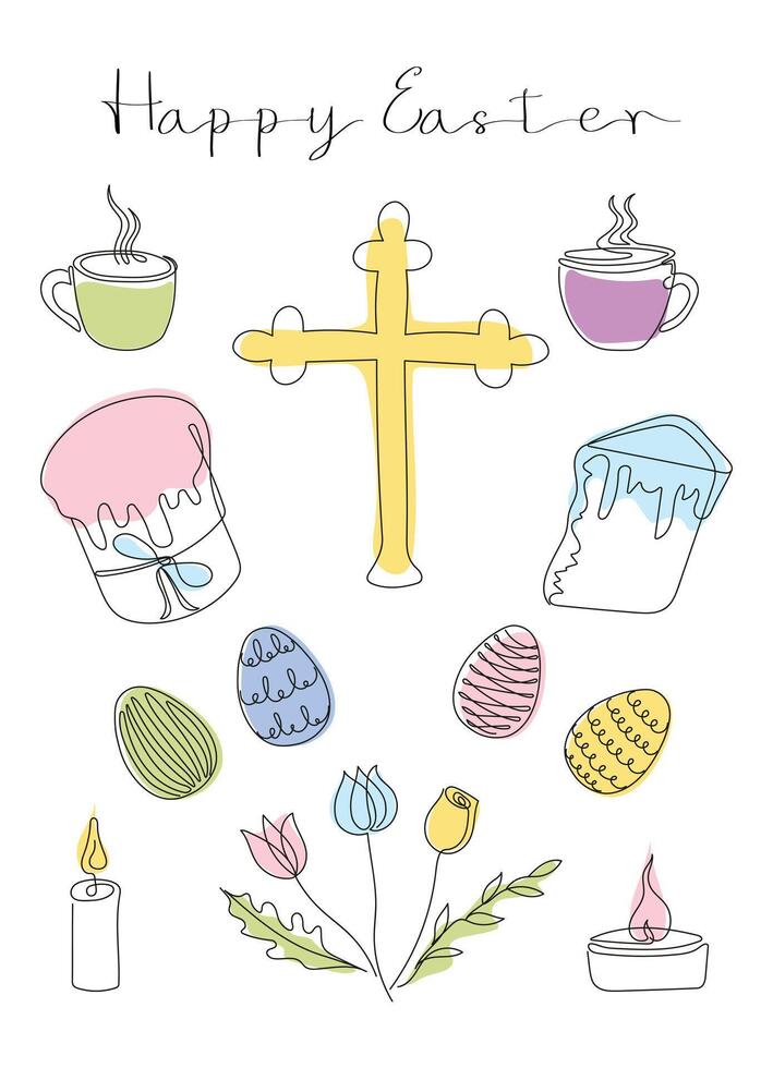 Easter card with Happy Easter greeting. Easter Set in continuous one line style with design elements like Easter cakes, eggs, cross, steaming mugs, candles, flowers. art isolated on white vector