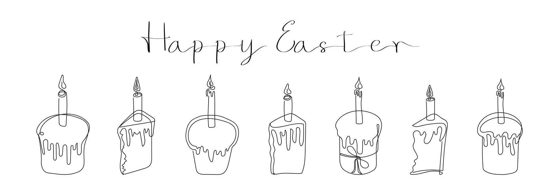 Set of Easter Kulich cakes with lit candles. Happy Easter greeting text. Continuous one line drawing of cupcakes, birthday cakes. isolated on white. Design elements for print and greetings. vector