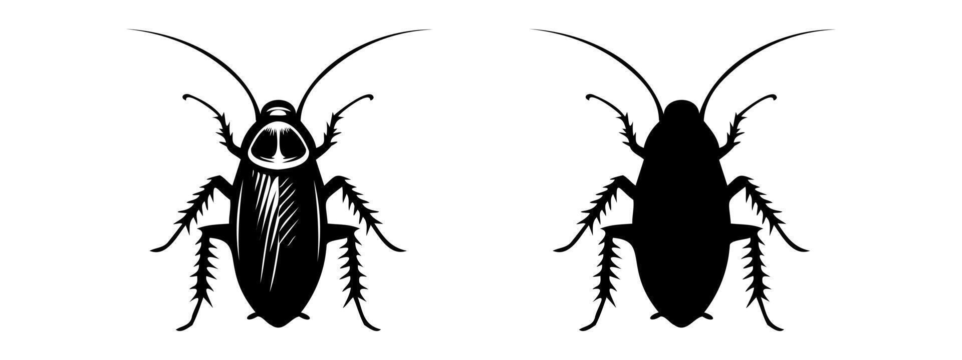 Cockroach black silhouettes, detailed and solid. Insect illustration. Isolated on white backdrop Concept of pest control, infestation, home hygiene. For design, print, educational material vector
