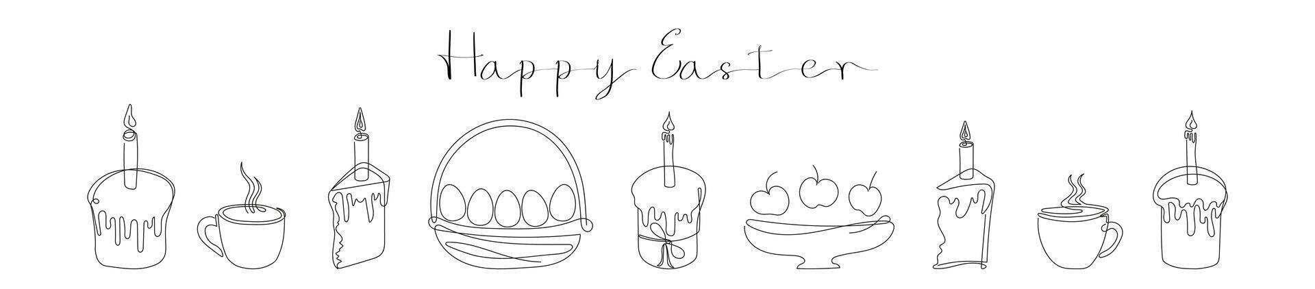 Easter Set in continuous one line style with design elements like Easter cakes with lit candles, wicker basket with painted eggs, steaming mugs. Happy Easter greeting. Festive food. Black and white. vector