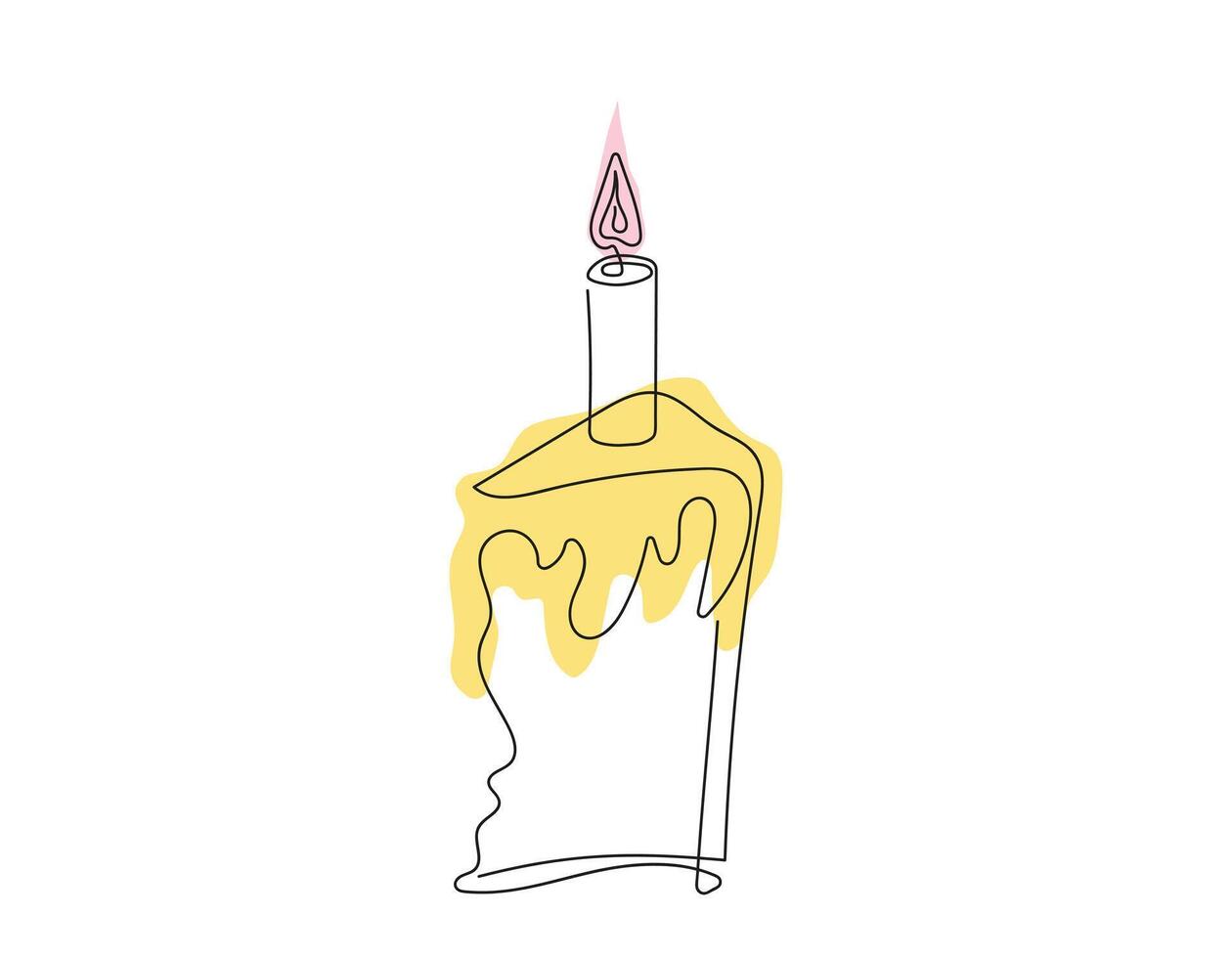 Continuous one line drawing of Easter Kulich cake with lit candle. Slice of Birthday cupcake. Colored isolated on white. Design element for print, greeting, scrapbooking, invitation vector