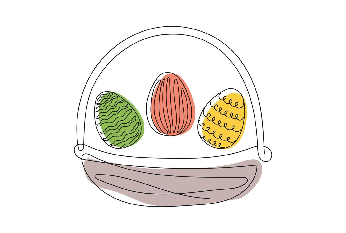 Wicker basket with colorful Easter eggs. Continuous one line drawing. illustration isolated on white background. Festive decoration. For Easter promotions, greeting cards, holiday invitations vector