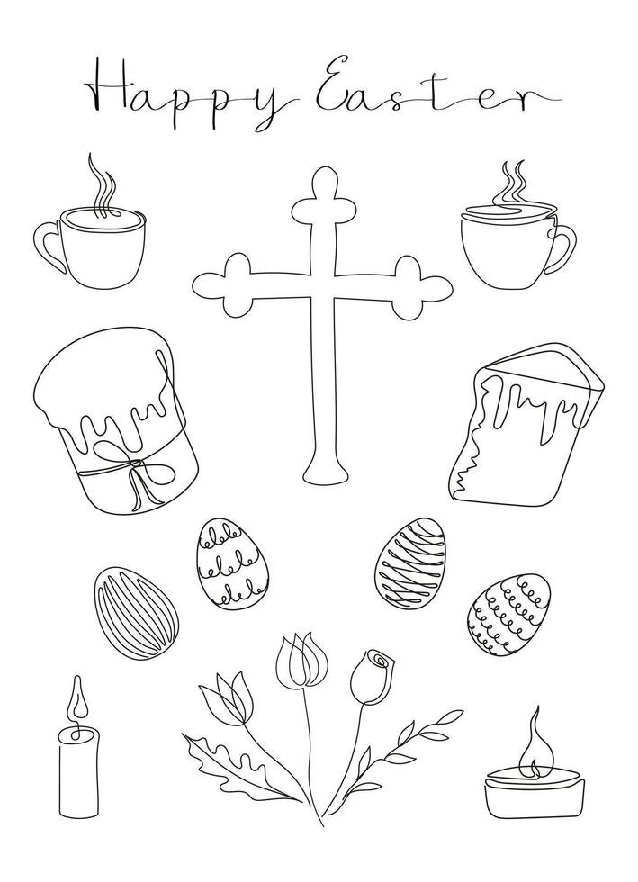 Easter card with Happy Easter greeting. Easter Set in continuous one line style with design elements like Easter cakes, eggs, cross, candles, steaming mugs, flowers, bouquet. Black and white . vector
