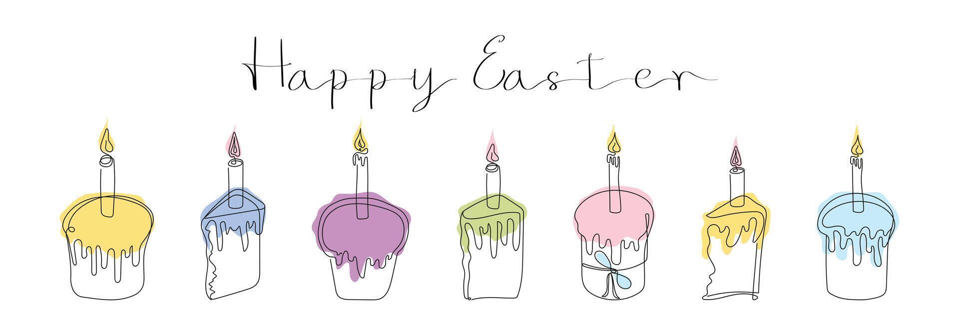 Set of Easter Kulich cakes with lit candles. Happy Easter greeting. Continuous one line drawing of cupcakes, birthday cakes. Colorful isolated on white. Design elements for print and greetings vector