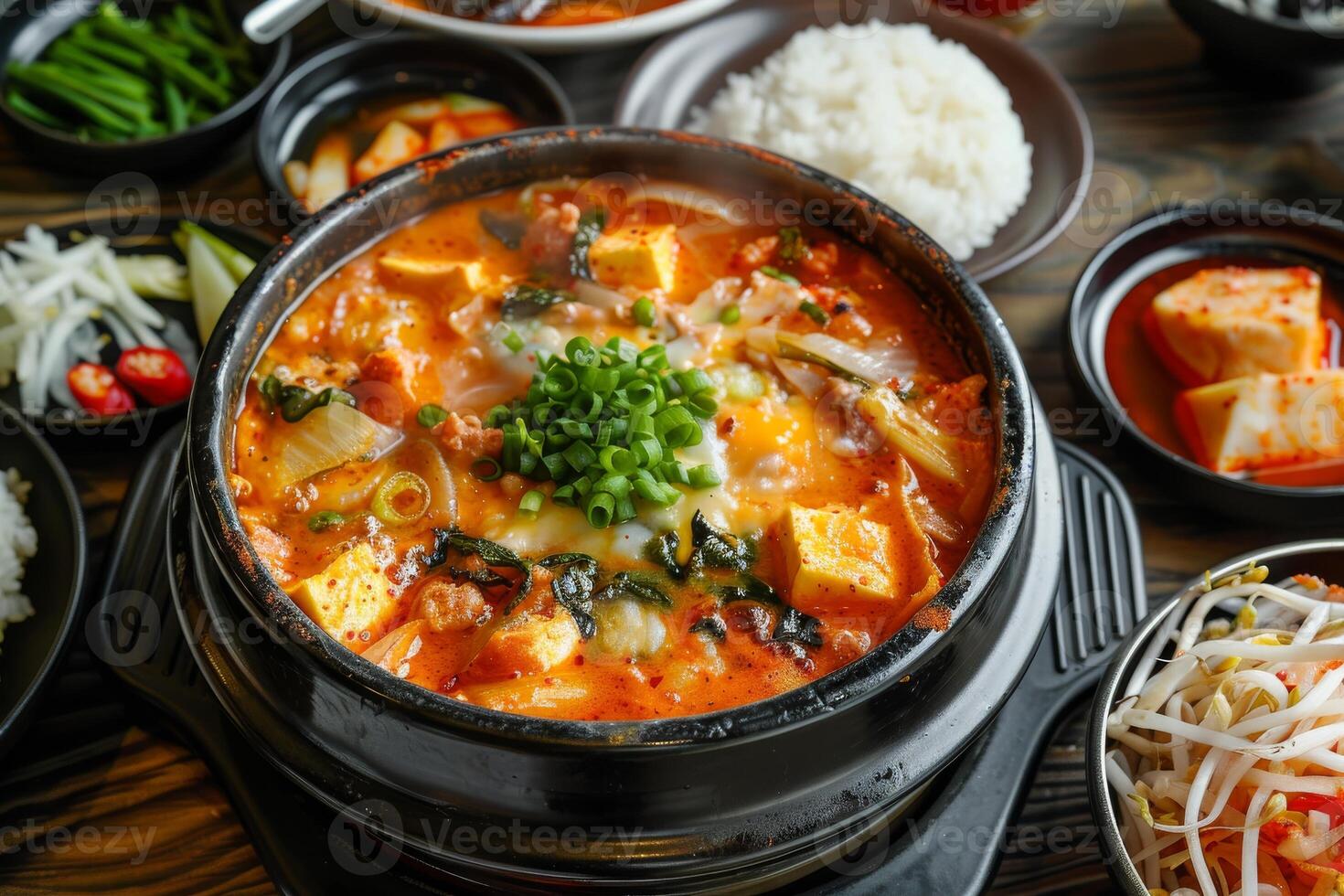 Korean dish with bibimbap noodles in a black deep plate on light background. Ingredients, meat, mushrooms, vegetables. photo