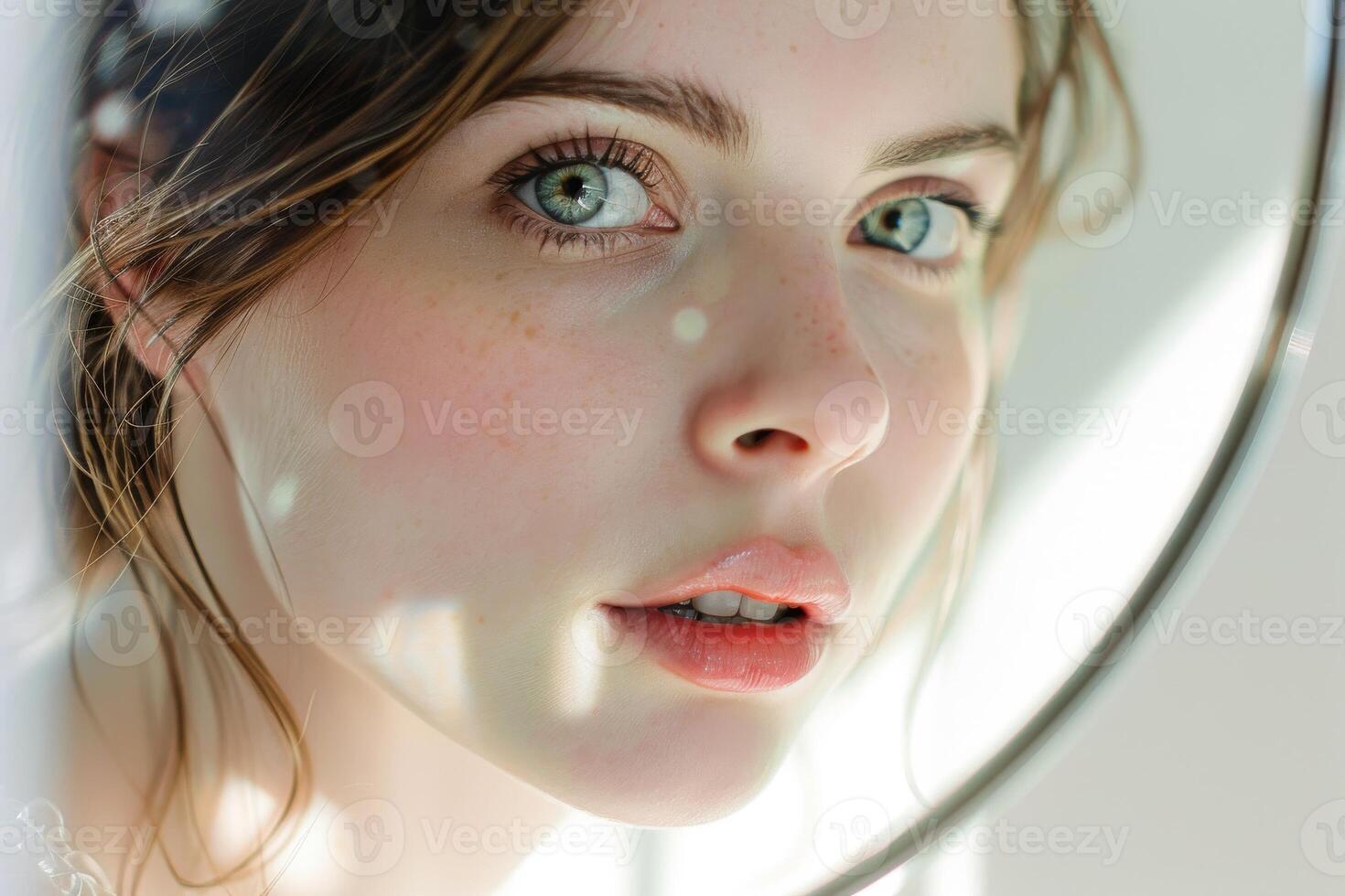 Portrait of a young woman looking at the camera through a mirror. Macro shot of facial care photo