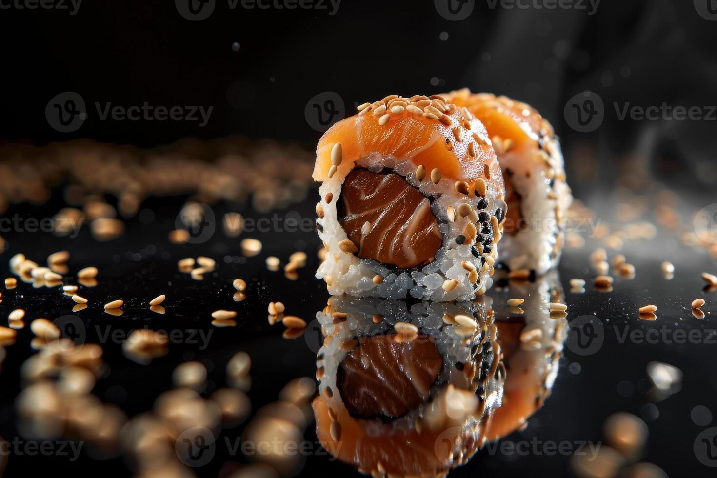 Japanese food. Two pieces of Philadelphia roll with sesame, avocado, trout. Black background, mirror reflection from below. A lot of sesame seeds on a blurred background. Premium quality photo