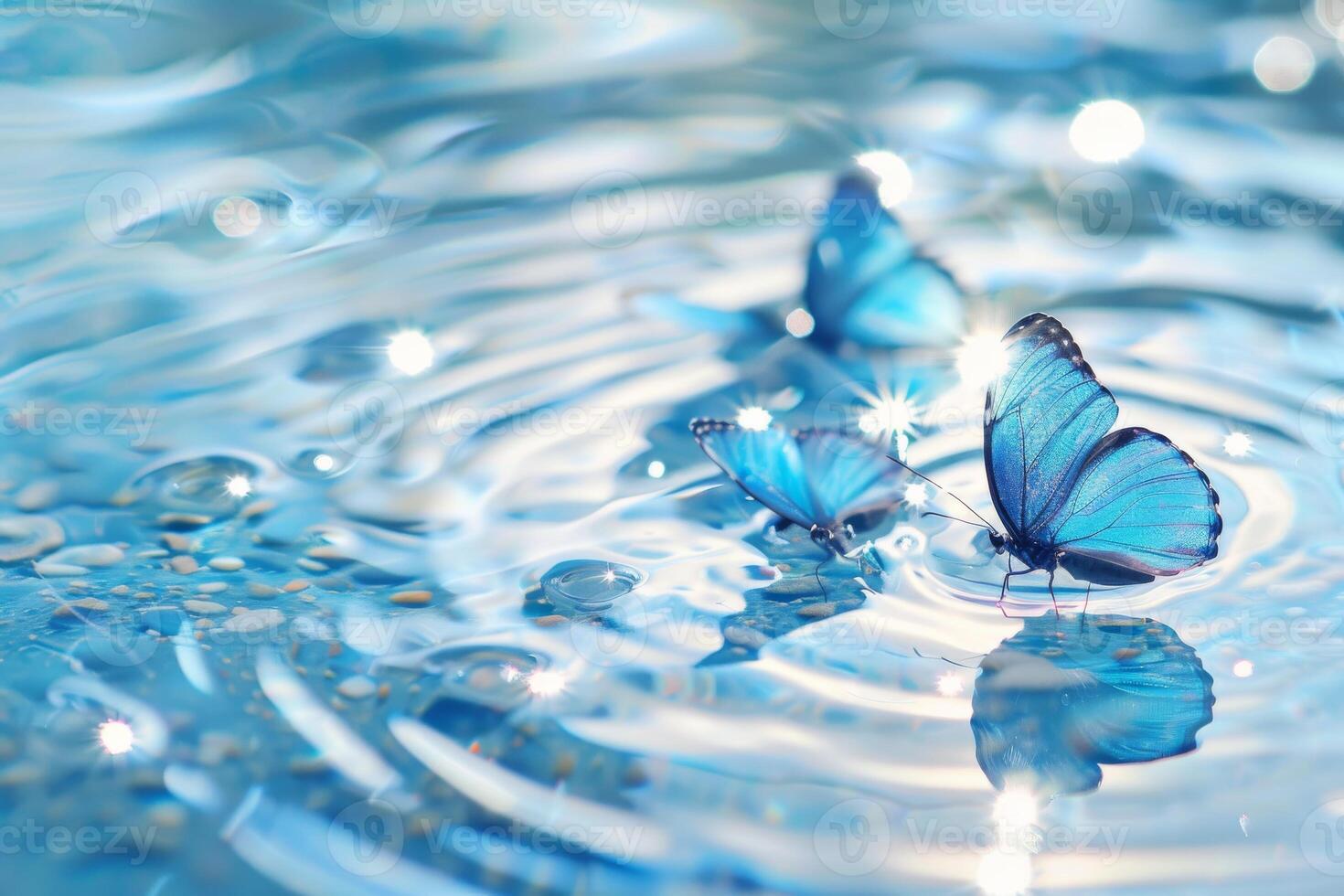 Butterflies fall into the water, some swim in the water, some fly. The sun's rays fall on the water surface photo