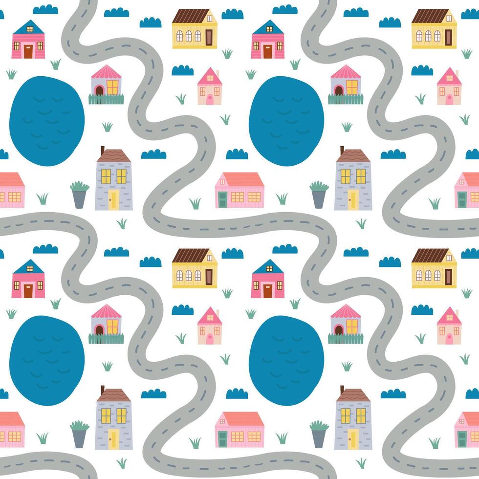 Flat road map seamless pattern with roads, houses and lakes. kids road map wallpaper. vector