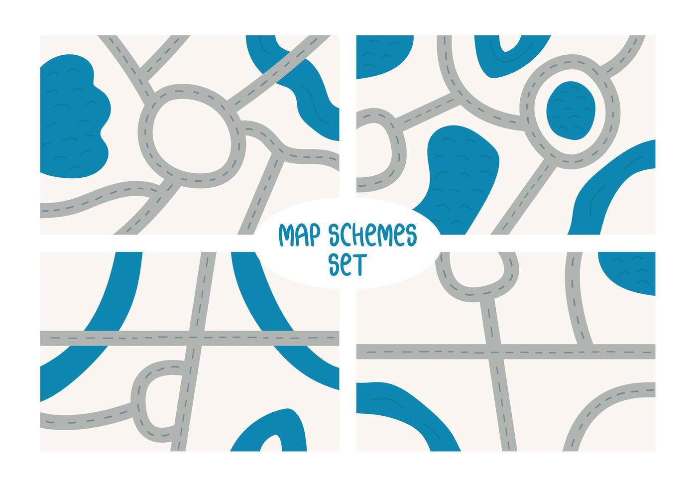 Empty maps with roads and rivers set. schemes with roads map on white background vector