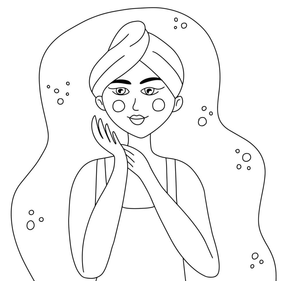 Cute young woman with towel on head coloring page vector