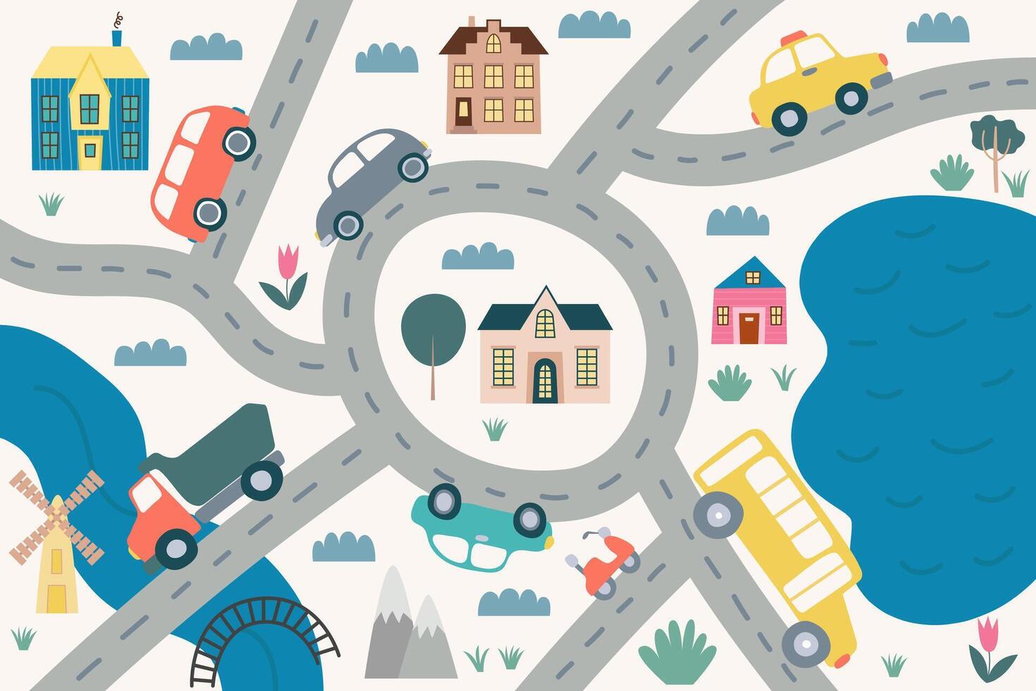 Cute childrens road map flat style background. Flat road map with transport, cars, bus, houses, mountains and trees vector