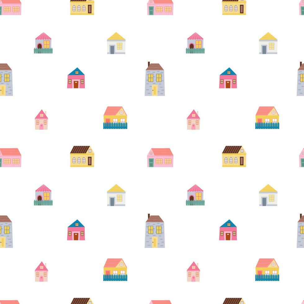 Cute flat houses seamless pattern on white background. Different town houses seamless pattern vector