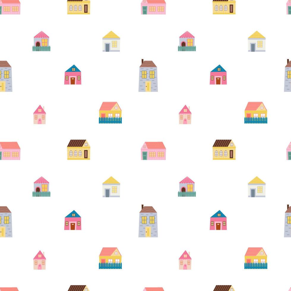 Cute flat houses seamless pattern on white background. Different town houses seamless pattern vector