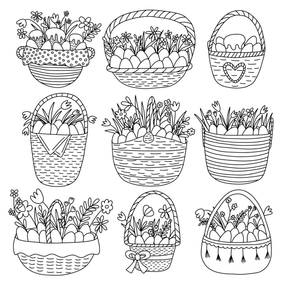 Easter baskets with eggs and flowers doodle set vector