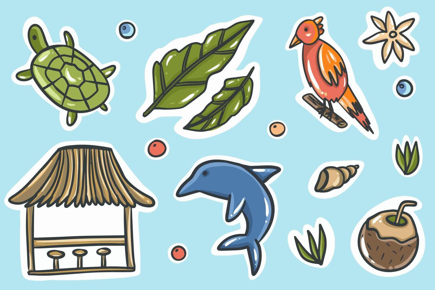 jungle tropical sticker set in cartoon style , atmospheric island icons vector