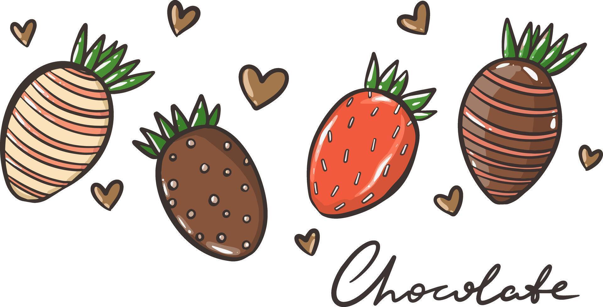 Chocolate covered strawberries, fresh chocolate covered berries in cartoon style vector