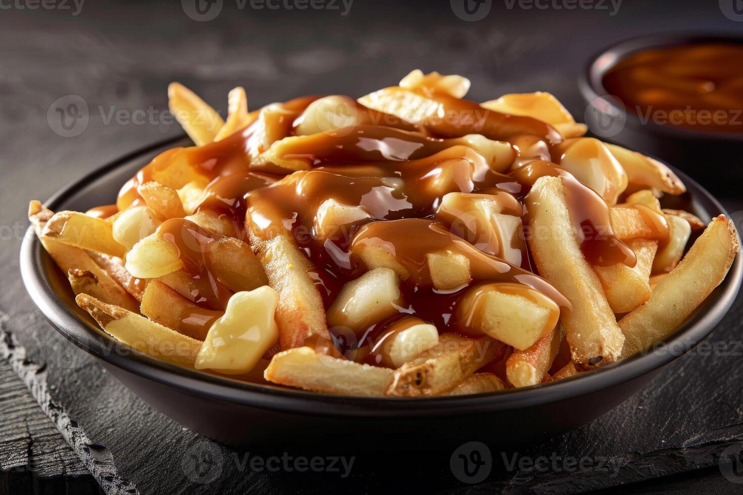 French fries with barbecue sauce. Black matte plate, black background. Macro photo