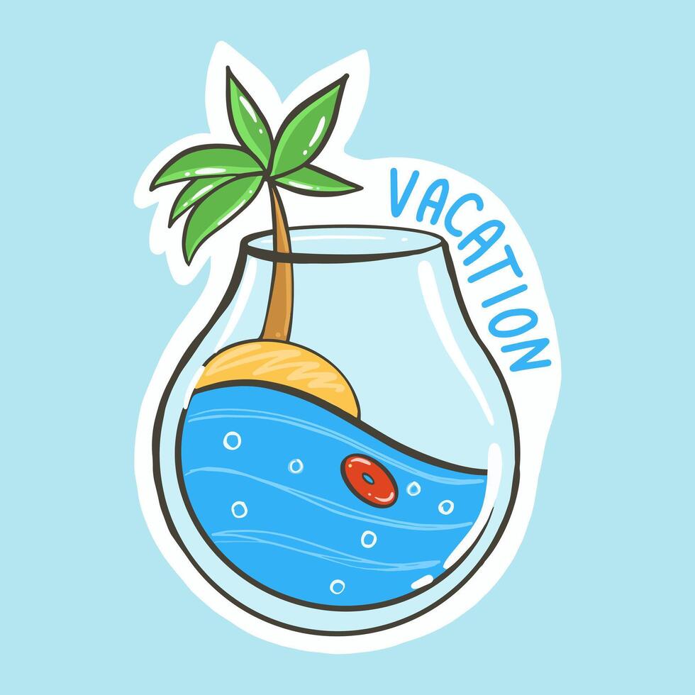 sticker glass with palm tree and ocean, isolated cartoon icon vector