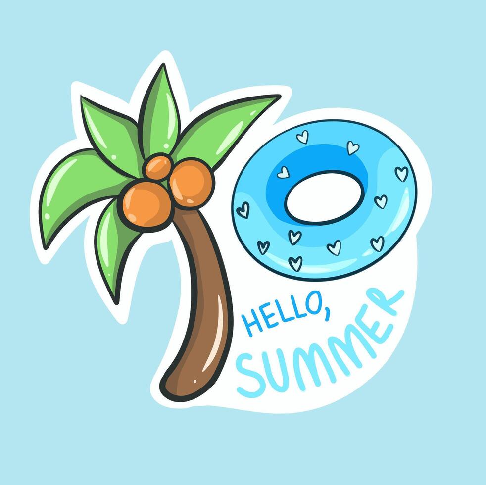 Summer sticker with palm tree and inflatable circle, seasonal lettering vector